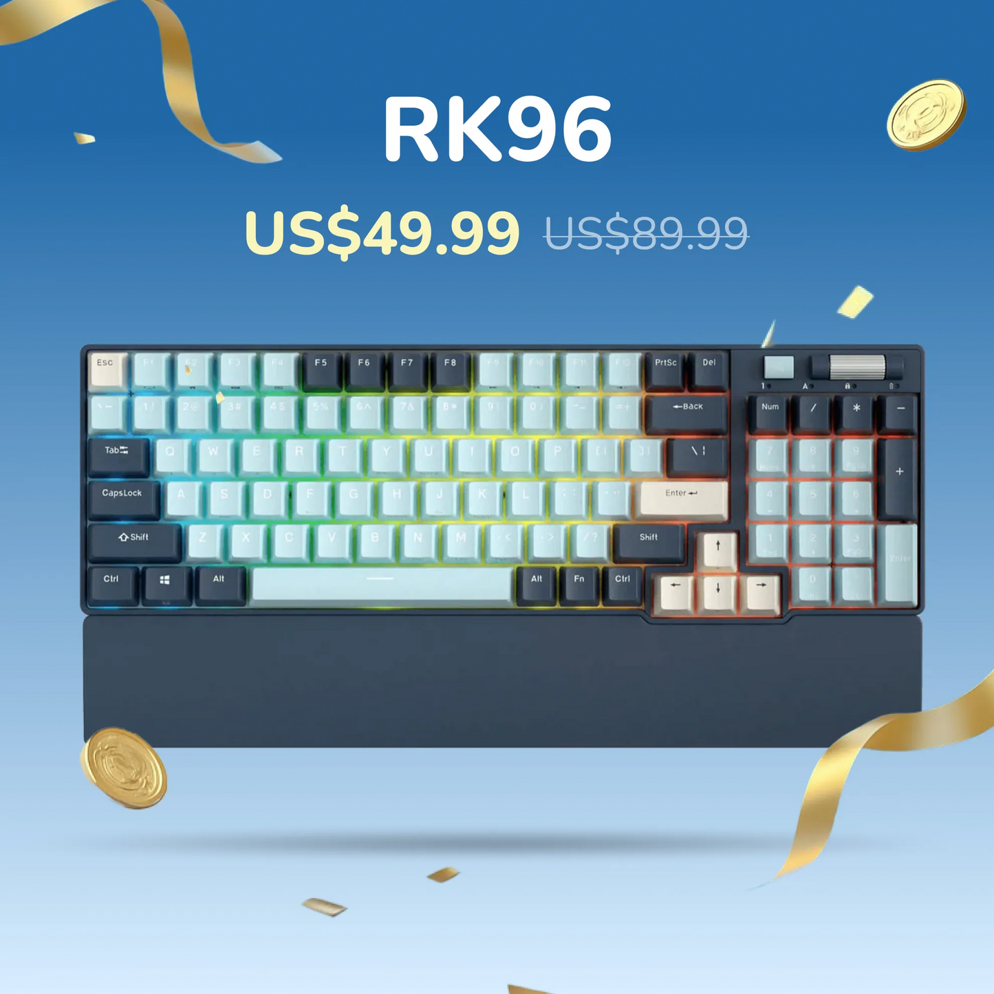 RK RK96 full size Mechanical keyboard with colorful keycaps on a blue background, featuring the brand 'RK96' and pricing information.
