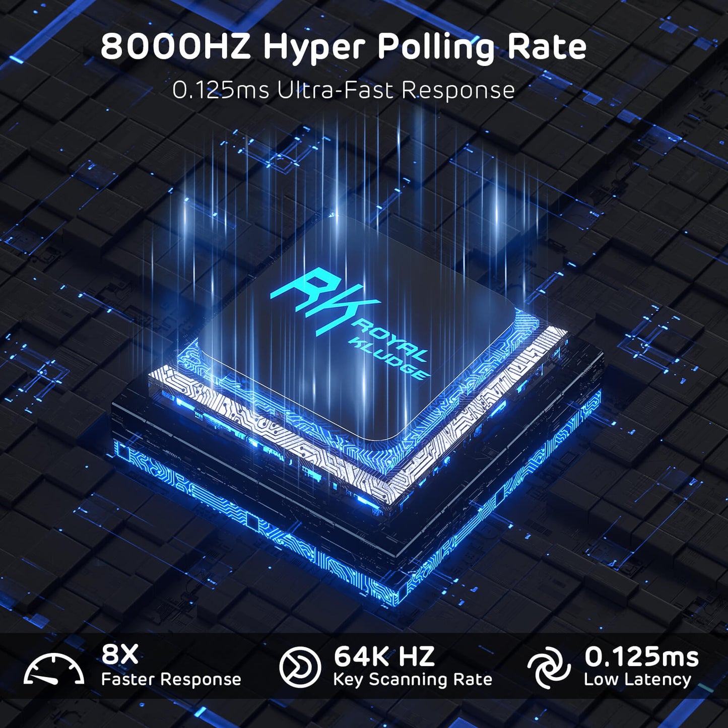 Electronic component with Riky logo on a dark background with blue highlights