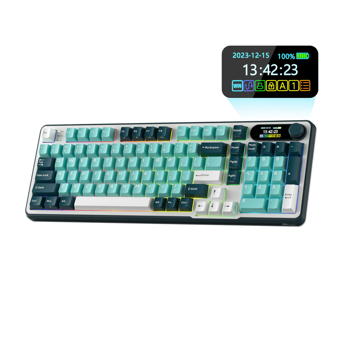 Close-up view of the RK ROYAL KLUDGE S98 Wireless Hot-Swappable RGB Keyboard in Lavender Purple with number pad, showcasing the RGB backlit keys and volume knob for media control