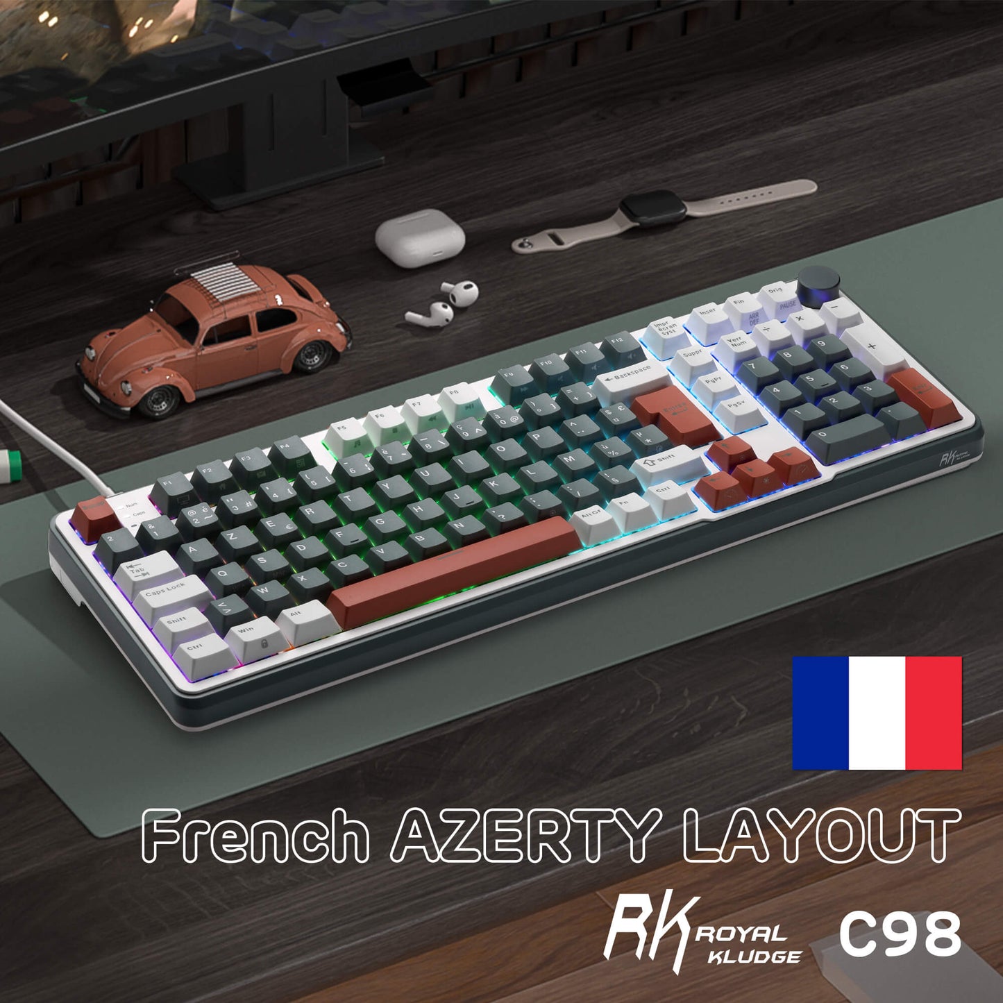 RK C98 Mechanical keyboard with French AZERTY layout on a desk with small items