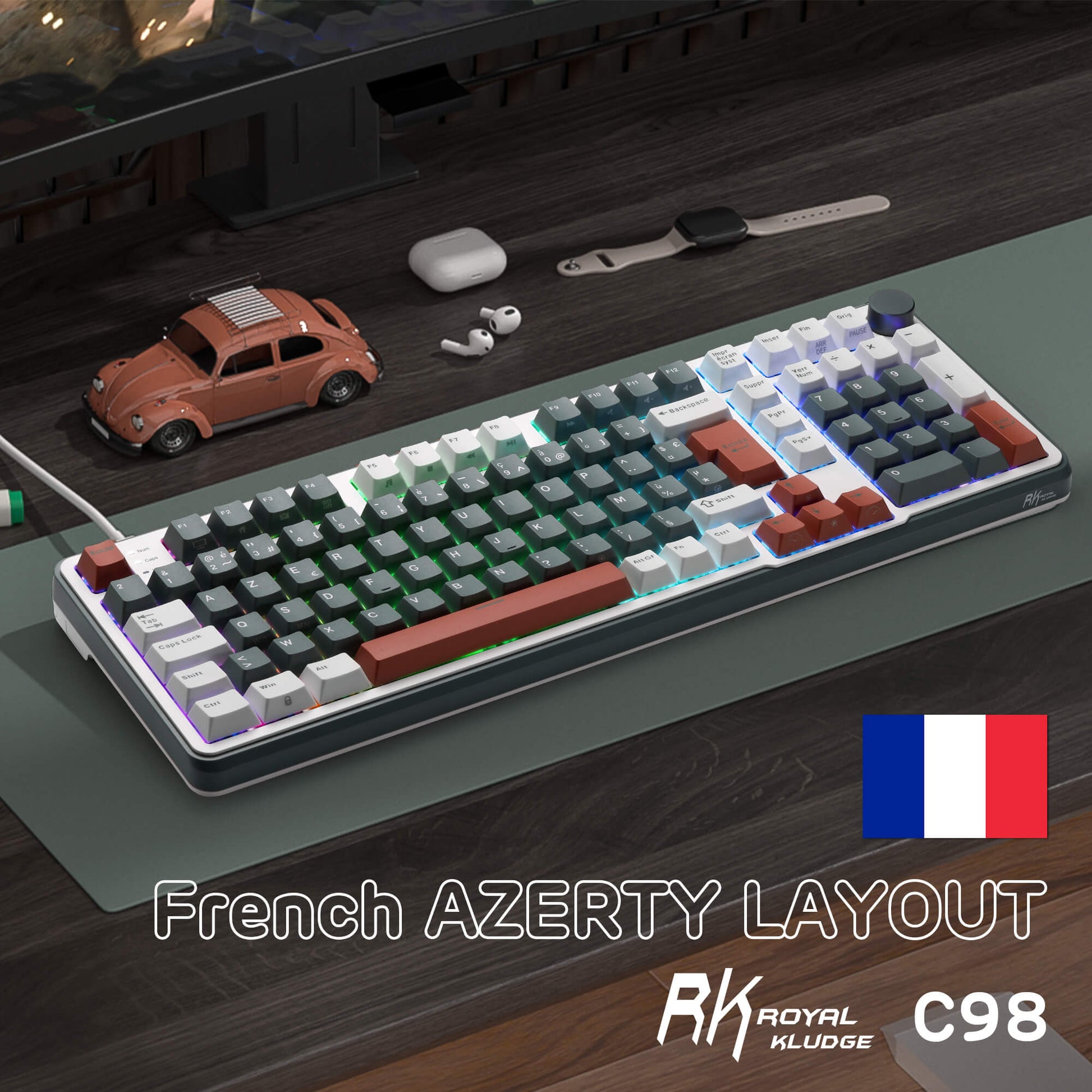 RK C98 Mechanical keyboard with French AZERTY layout on a desk with small items