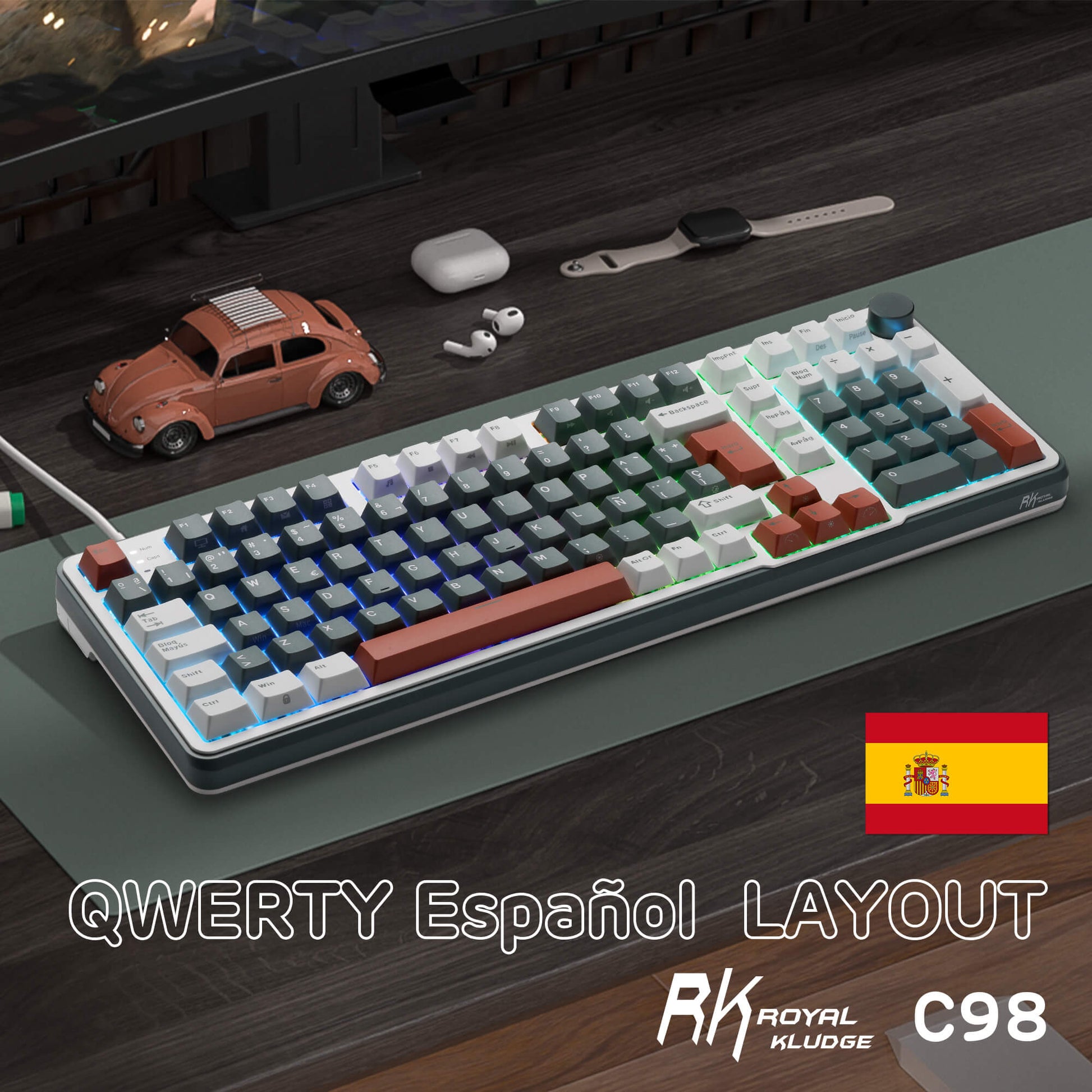 RK C98 Mechanical keyboard with Spanish layout on a desk with small items