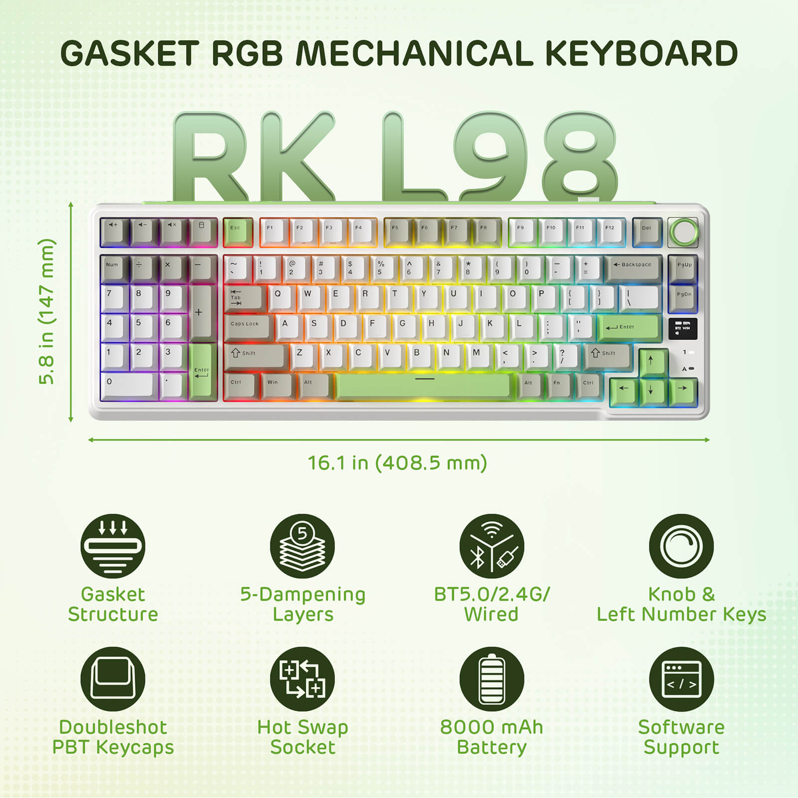 RK ROYAL KLUDGE L98 Wireless Mechanical Keyboard w/ Left-handed Southpaw Design Numpad & Hot Swappable Knob, Tri-Mode 95% Keyboard BT/2.4G/USB-C, Pro Software, Gasket Mount, Massive 8000mAh Battery