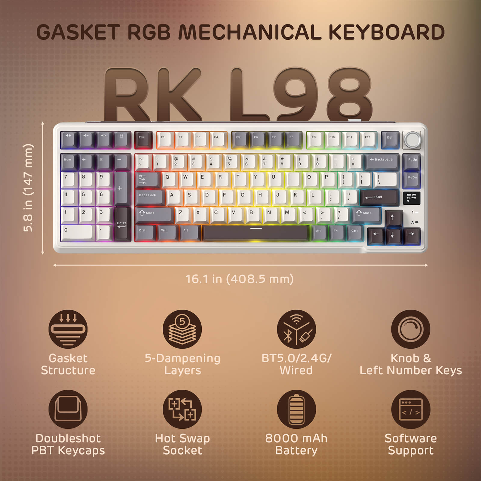 RK ROYAL KLUDGE L98 Wireless Mechanical Keyboard w/ Left-handed Southpaw Design Numpad & Hot Swappable Knob, Tri-Mode 95% Keyboard BT/2.4G/USB-C, Pro Software, Gasket Mount, Massive 8000mAh Battery