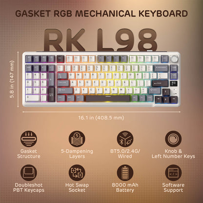 RK ROYAL KLUDGE L98 Wireless Mechanical Keyboard w/ Left-handed Southpaw Design Numpad & Hot Swappable Knob, Tri-Mode 95% Keyboard BT/2.4G/USB-C, Pro Software, Gasket Mount, Massive 8000mAh Battery