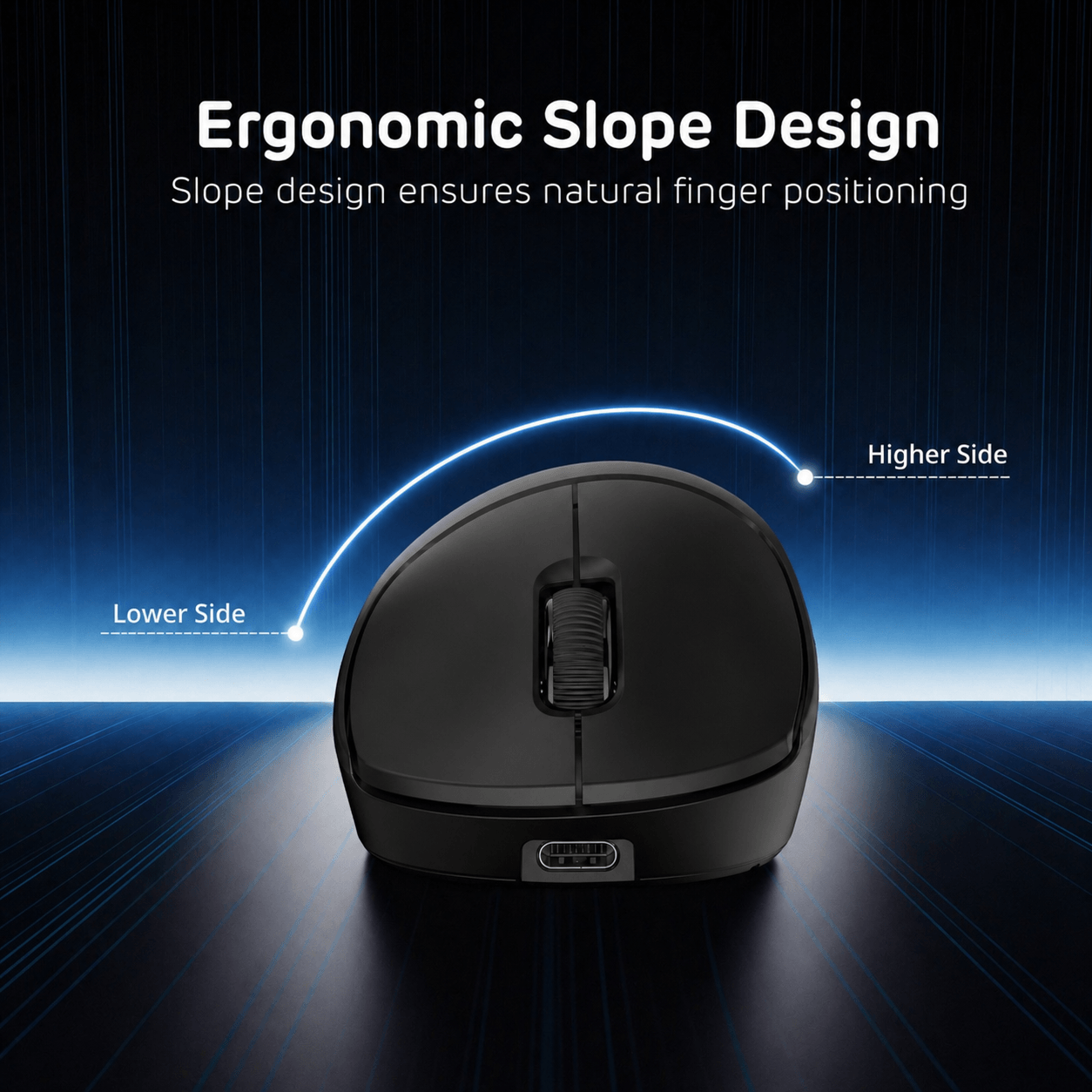 Black ergonomic mouse with an illustration of its slope design on a dark background