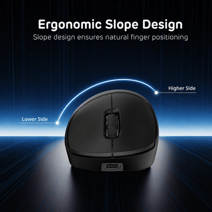 Black ergonomic mouse with an illustration of its slope design on a dark background
