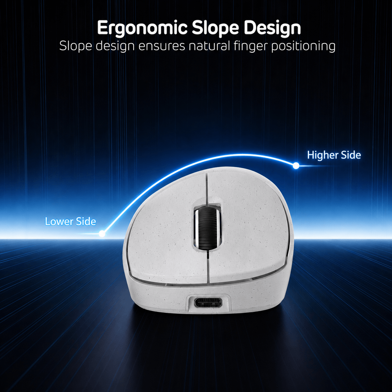 Ergonomic mouse with slope design illustration on a dark background
