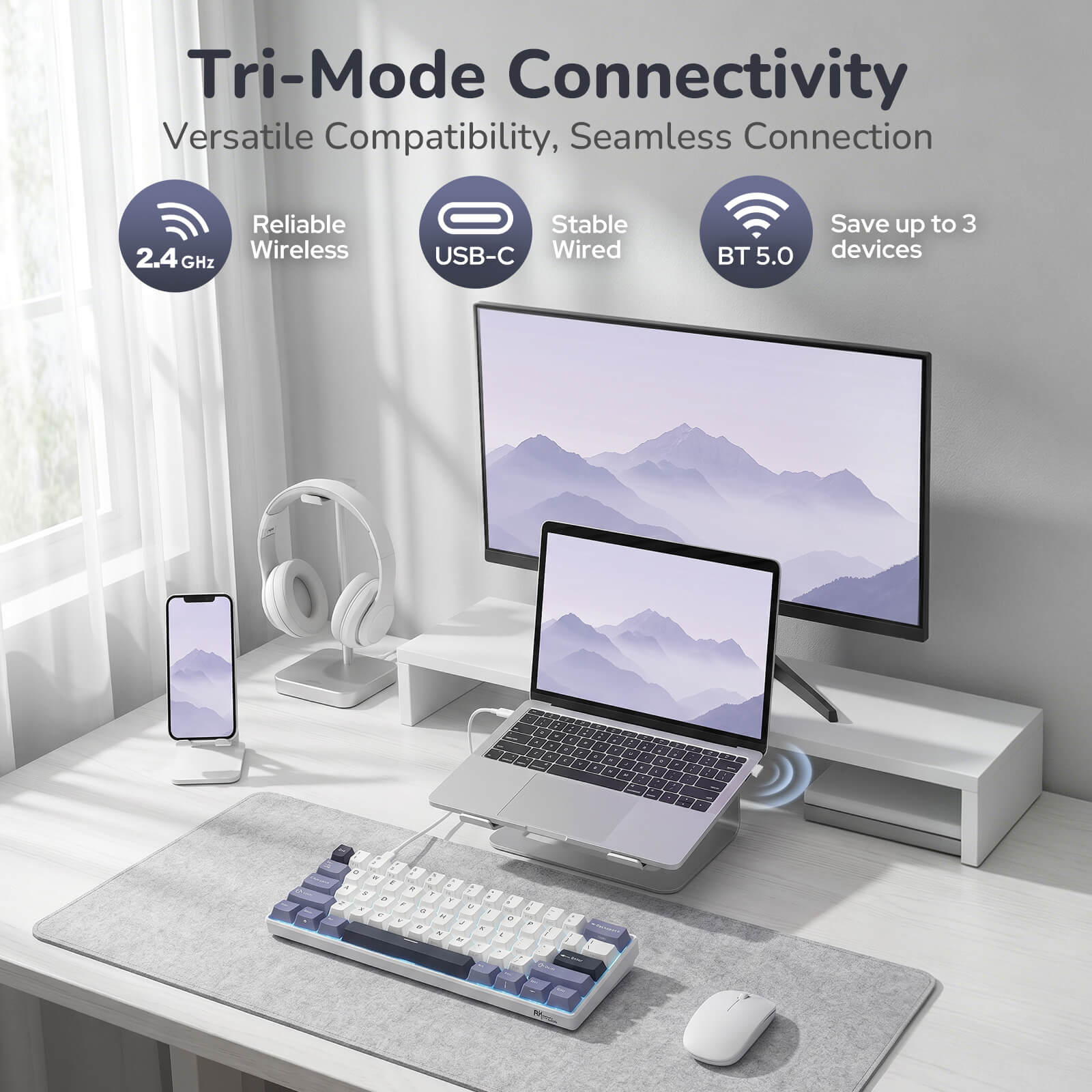 RK61 wireless mechanical keyboard Bluetooth 2.4GHz USB-C wired multi device connection