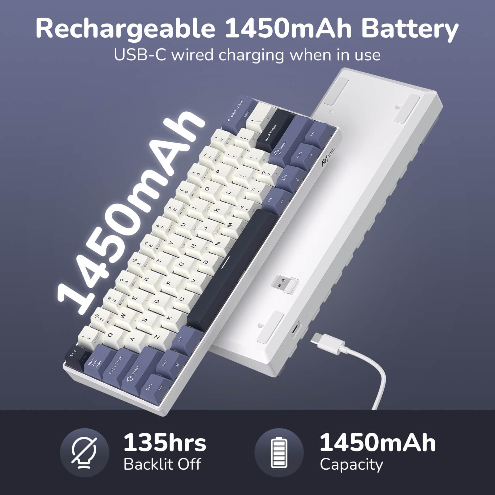 Mechanical keyboard with rechargeable 1450mAh battery and USB-C charging feature on a dark background.