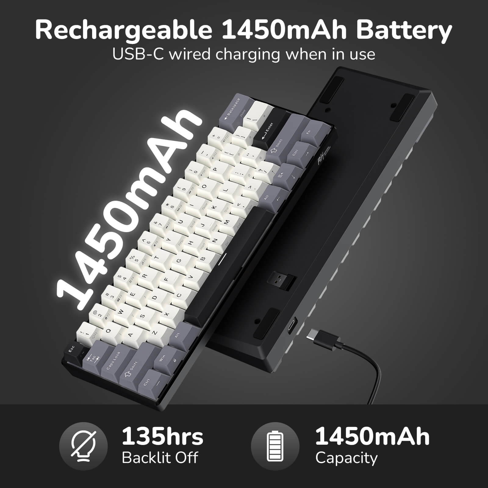 RK RK61 Mechanical keyboard with 1450mAh battery capacity and USB-C charging feature on a dark background