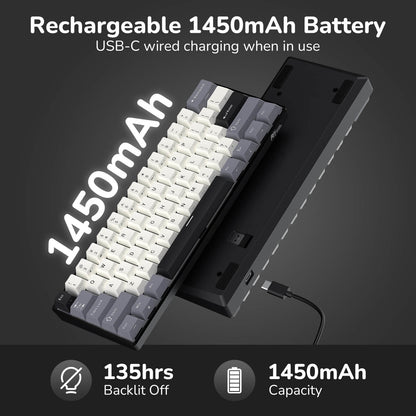 RK RK61 Mechanical keyboard with 1450mAh battery capacity and USB-C charging feature on a dark background