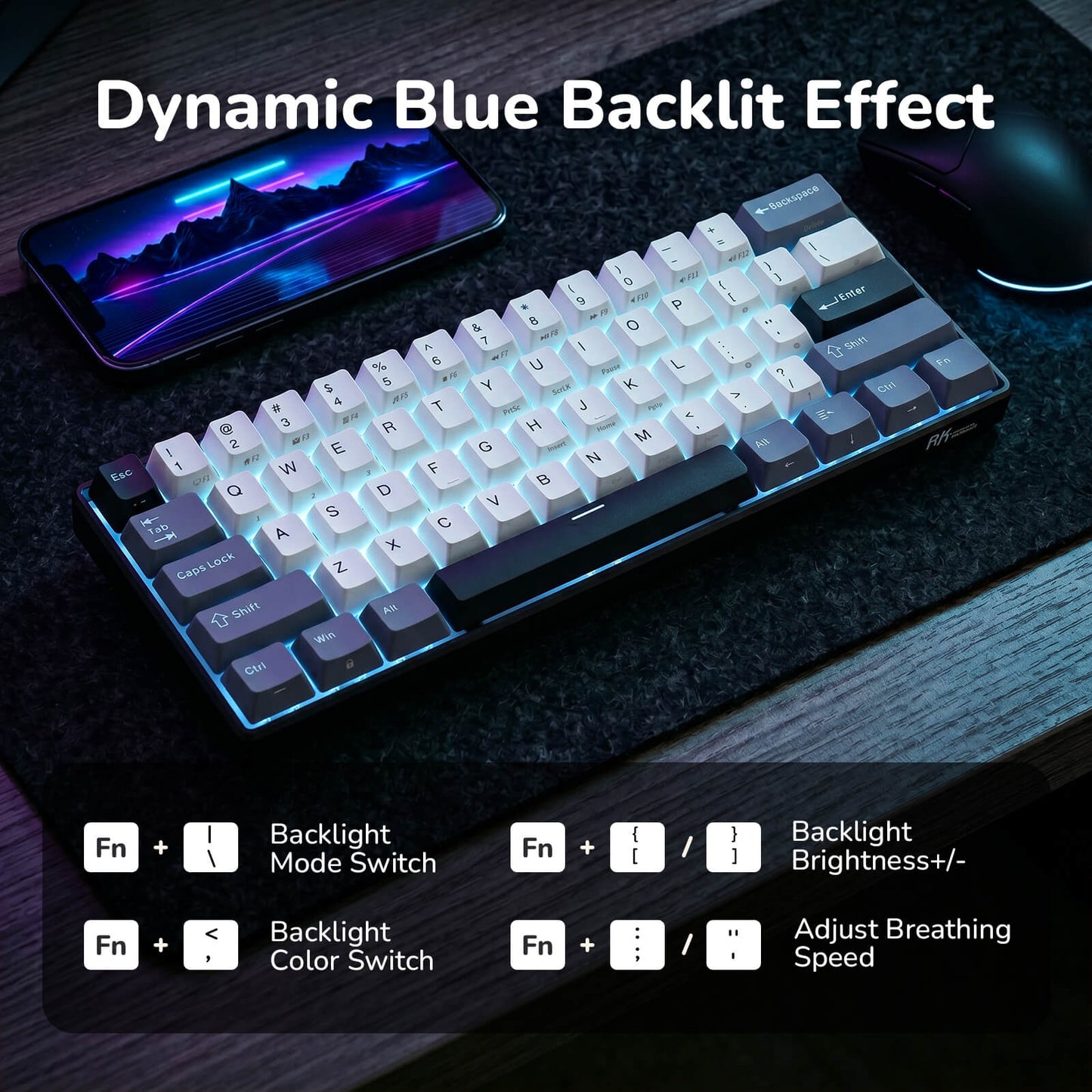 Mechanical keyboard with dynamic blue backlit effect on a dark surface, accompanied by smartphone displaying similar effect.