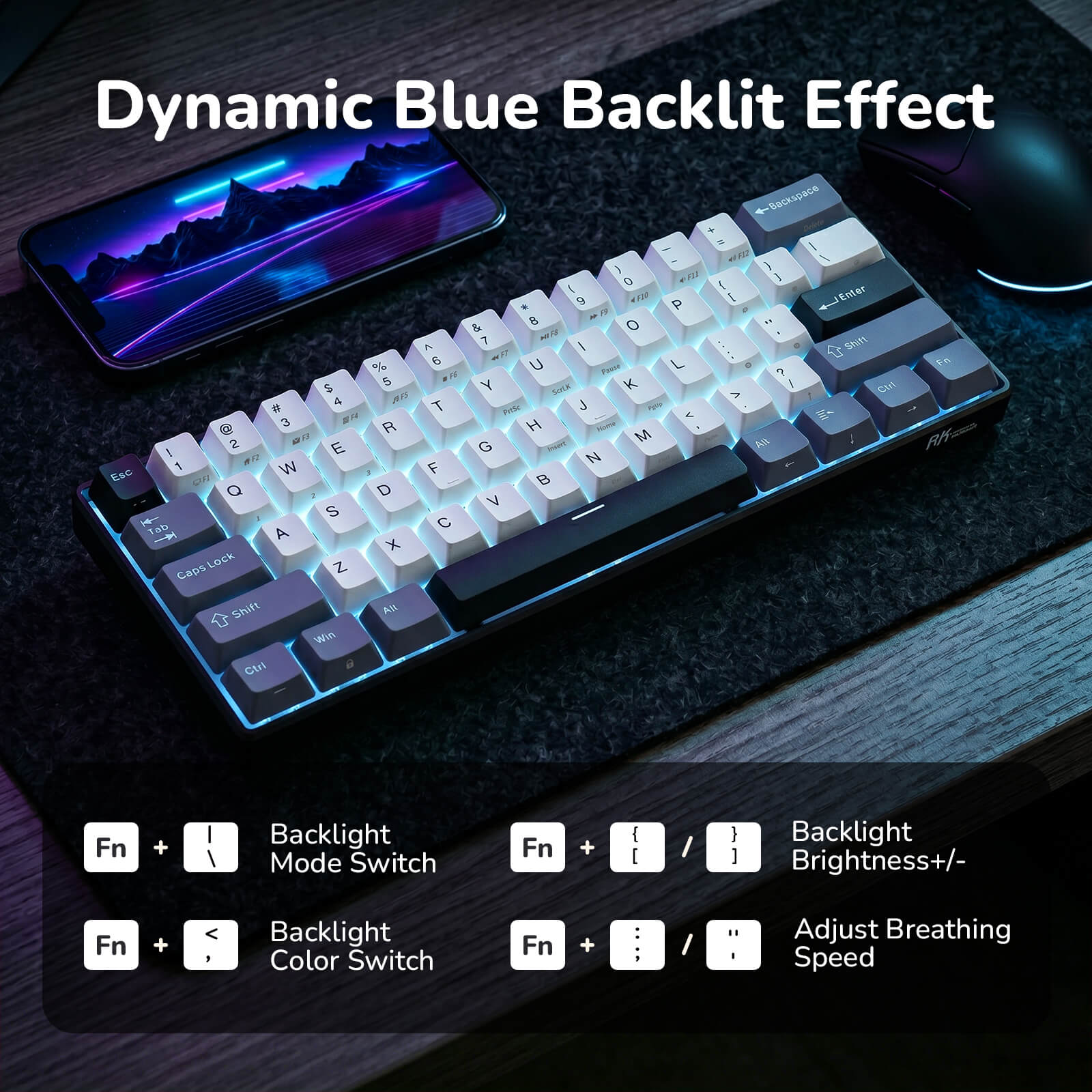 Mechanical keyboard with dynamic blue backlit effect on a dark surface, accompanied by smartphone displaying similar effect.
