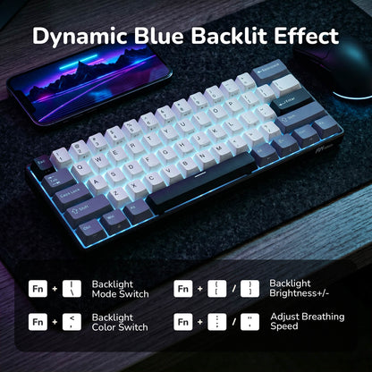 Mechanical keyboard with dynamic blue backlit effect on a dark surface, accompanied by smartphone displaying similar effect.