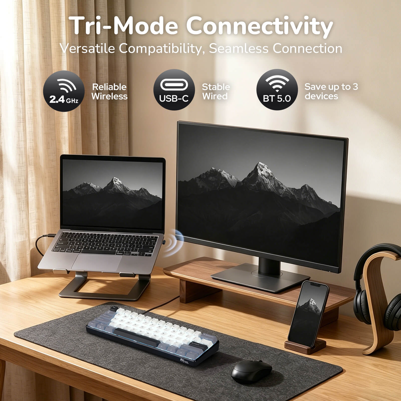 RK61 wireless mechanical keyboard Bluetooth 2.4GHz USB-C wired multi device connection