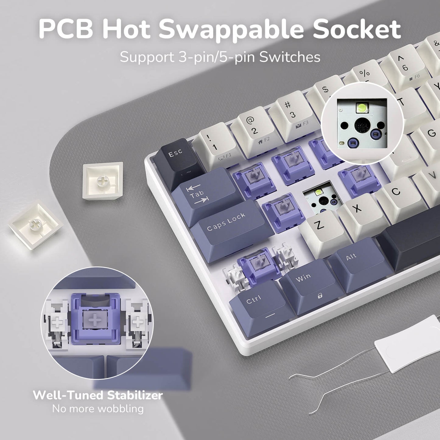 RK61 hot swappable mechanical keyboard supports 3 pin and 5 pin switches no soldering