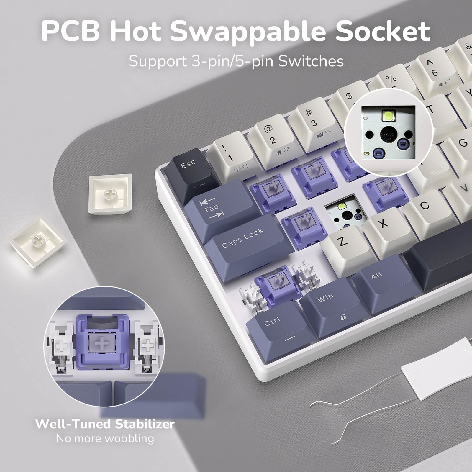 RK61 hot swappable mechanical keyboard supports 3 pin and 5 pin switches no soldering