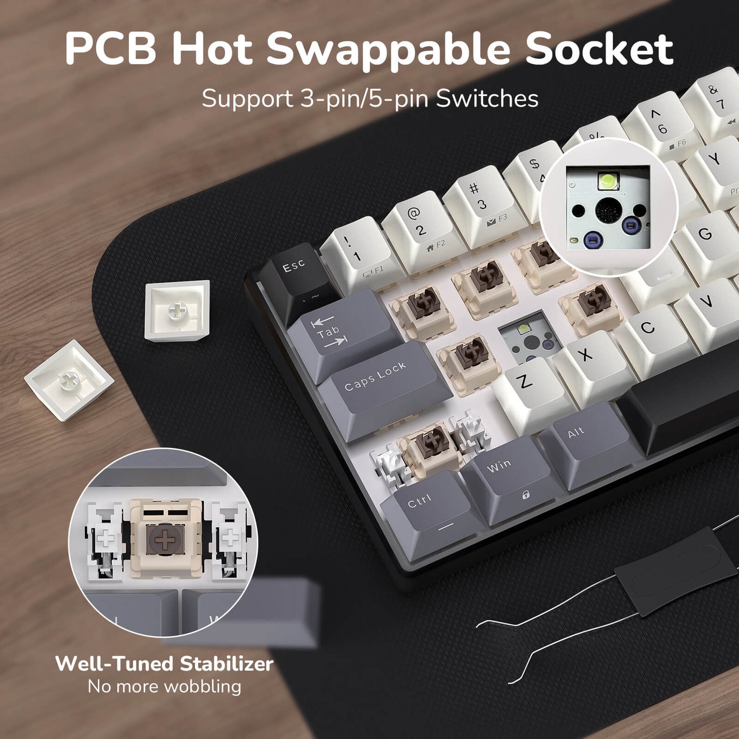 RK61 hot swappable mechanical keyboard supports 3 pin and 5 pin switches no soldering