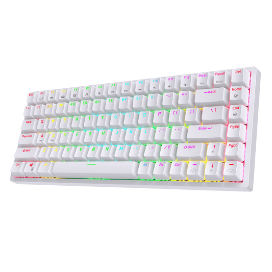 RK Royal Kludge RK84 wireless keyboard highlighting its 3750 mAh battery with features for fast charging (6-7 hours) and long-lasting use (up to 200 hours), displayed with RGB light