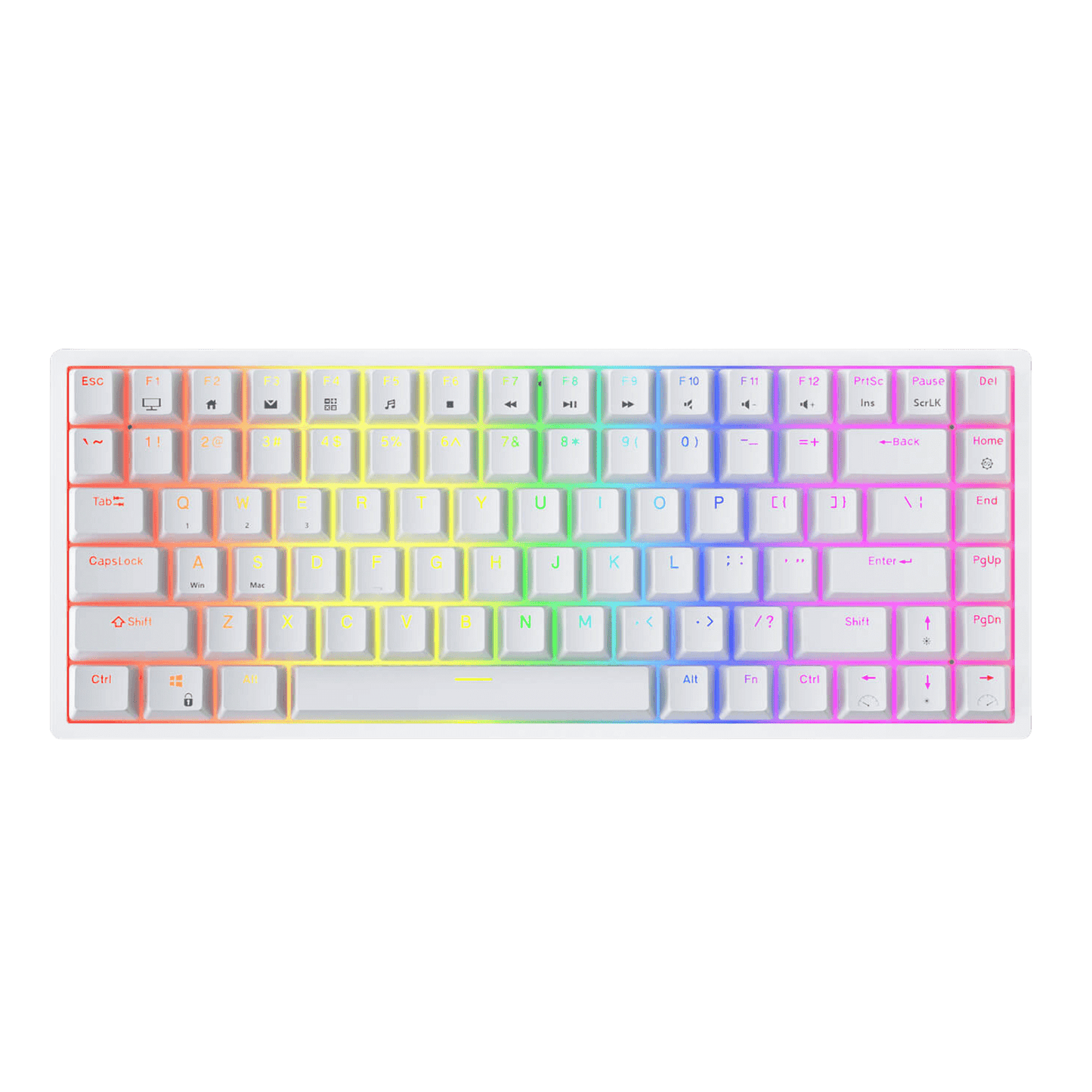 RK Royal Kludge RK84 wireless keyboard highlighting its 3750 mAh battery with features for fast charging (6-7 hours) and long-lasting use (up to 200 hours), displayed with RGB light