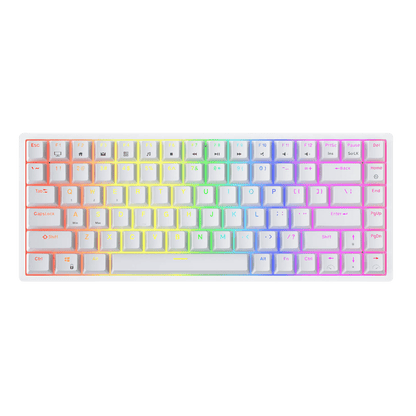 RK Royal Kludge RK84 wireless keyboard highlighting its 3750 mAh battery with features for fast charging (6-7 hours) and long-lasting use (up to 200 hours), displayed with RGB light