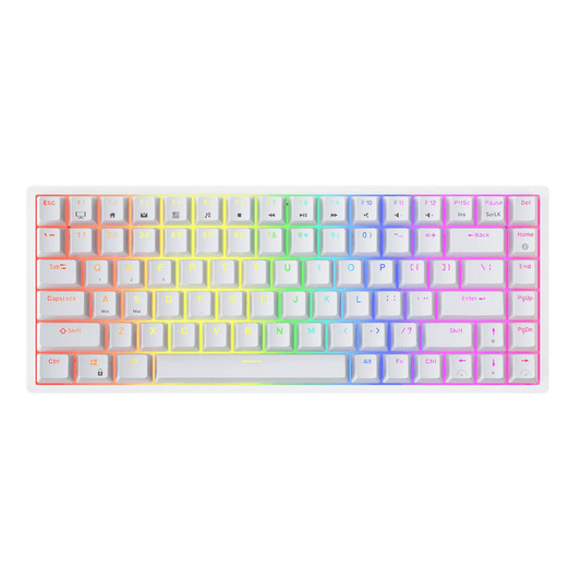 RK Royal Kludge RK84 wireless keyboard highlighting its 3750 mAh battery with features for fast charging (6-7 hours) and long-lasting use (up to 200 hours), displayed with RGB light