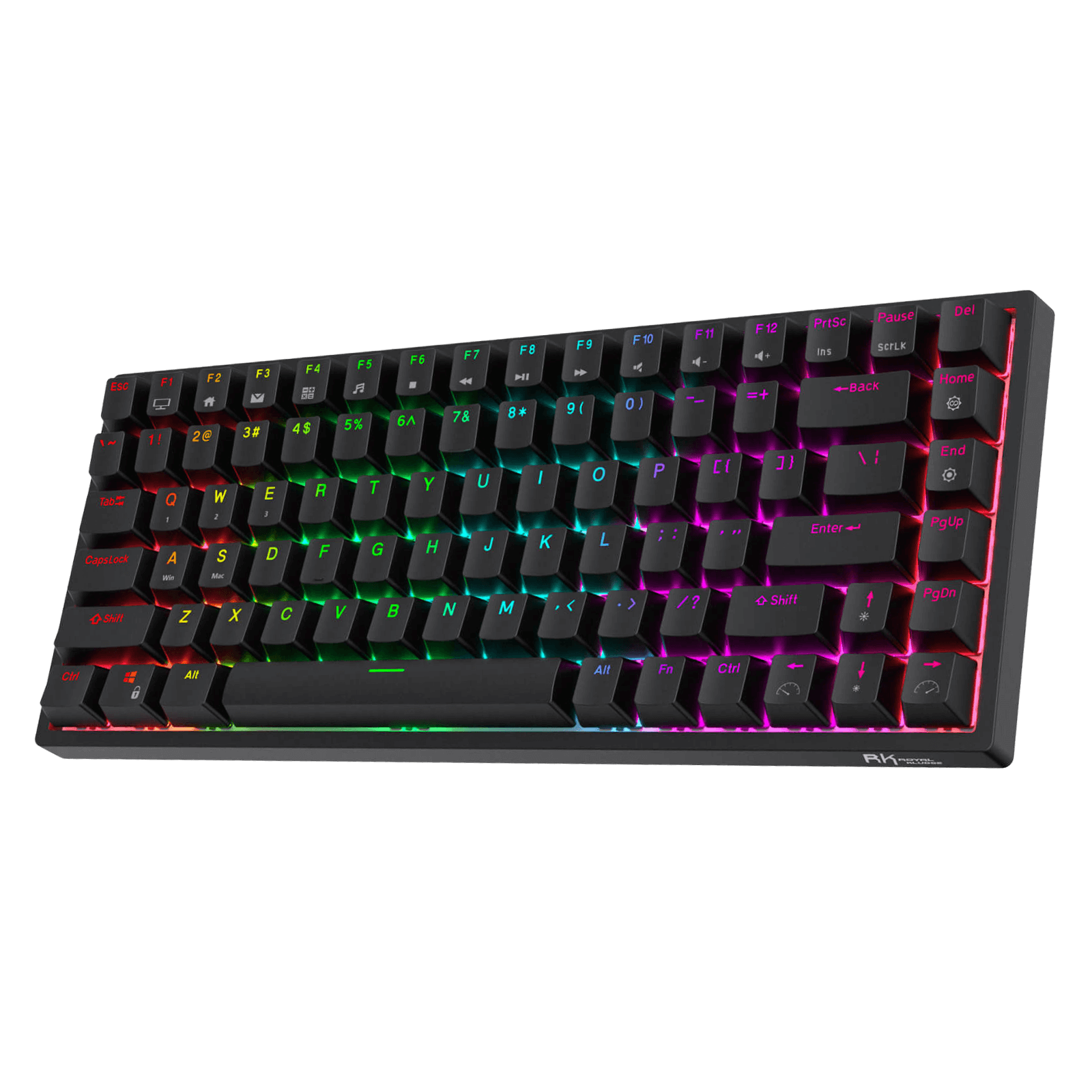 RK Royal Kludge RK84 wireless keyboard highlighting its 3750 mAh battery with features for fast charging (6-7 hours) and long-lasting use (up to 200 hours), displayed with RGB light