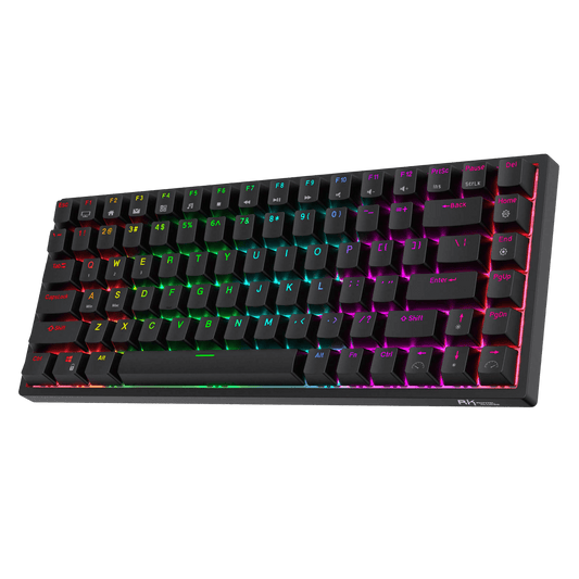 RK Royal Kludge RK84 wireless keyboard highlighting its 3750 mAh battery with features for fast charging (6-7 hours) and long-lasting use (up to 200 hours), displayed with RGB light