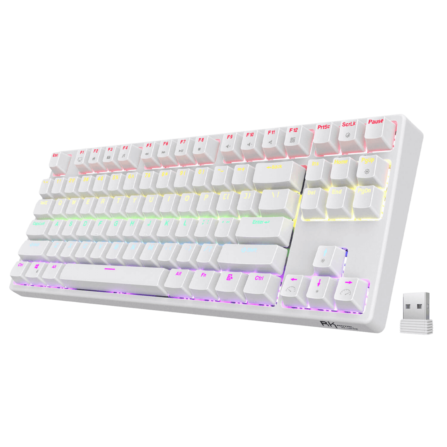 White RK87 87keys Tenkeyless TKL Wireless Mechanical Gaming Keyboard Front View with RGB Backlighting