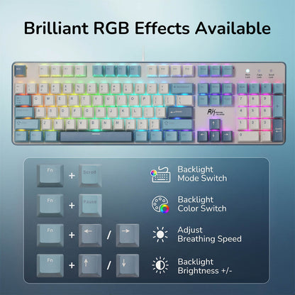 Keyboard with RGB lighting effects and control options on a blue gradient background