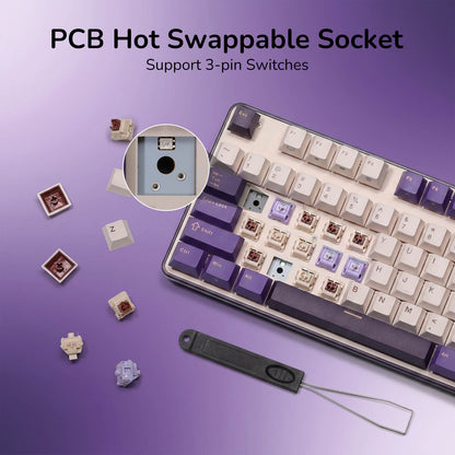 Mechanical keyboard with hot swappable socket on a purple background
