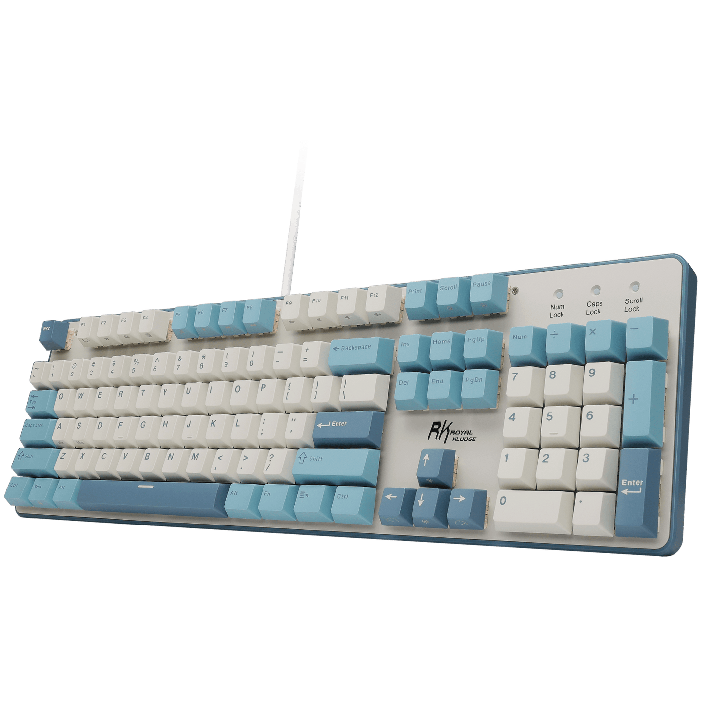Mechanical keyboard with blue and white keycaps on a black background