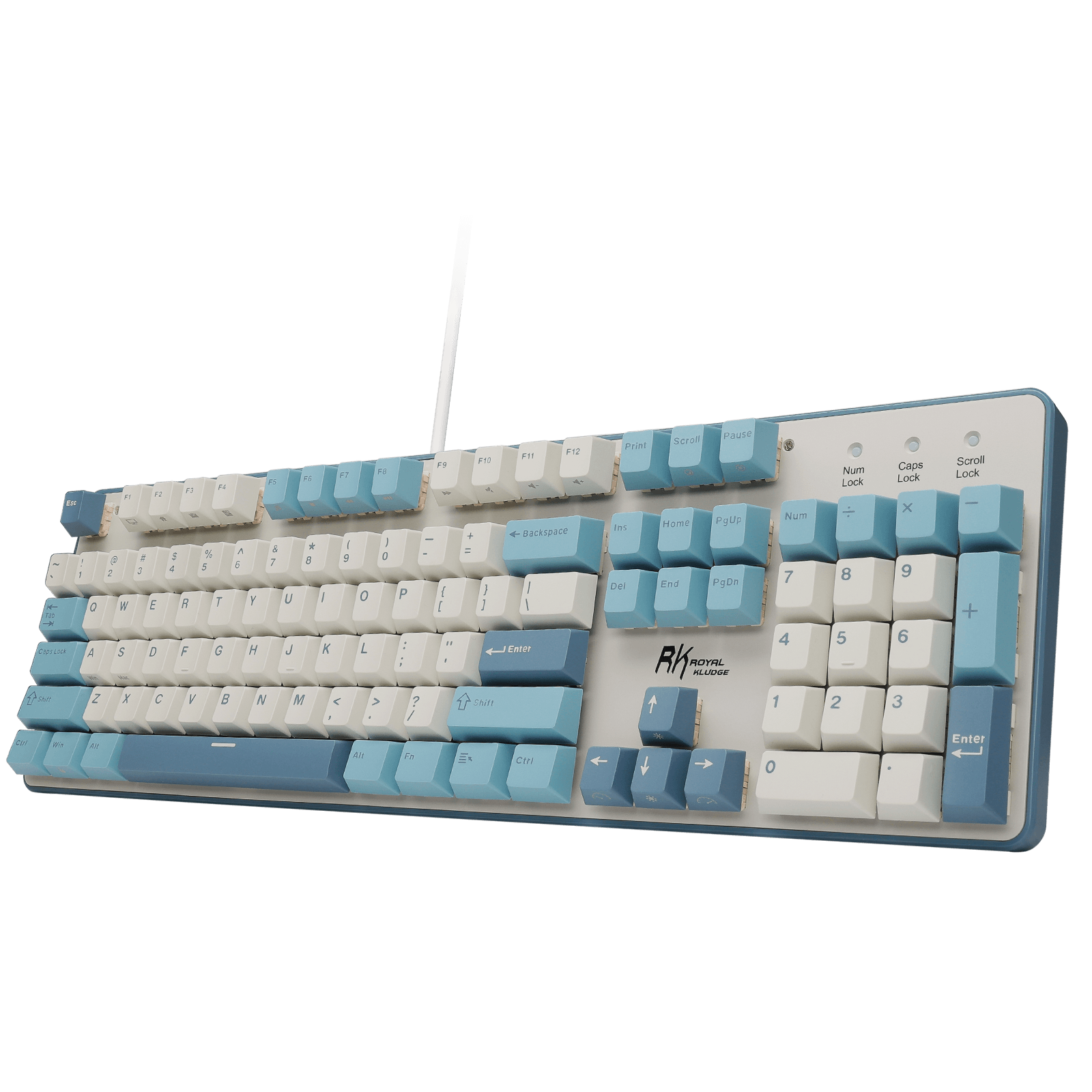 Mechanical keyboard with blue and white keycaps on a black background