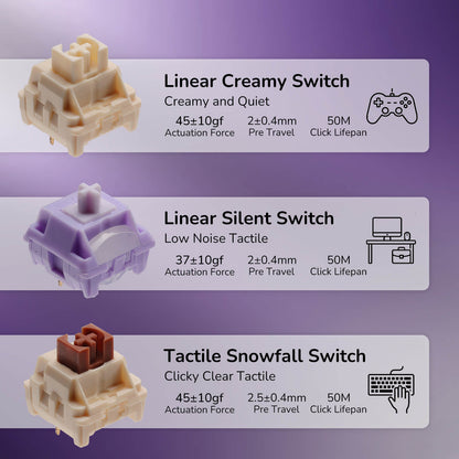 Three different types of switches with specifications on a purple background