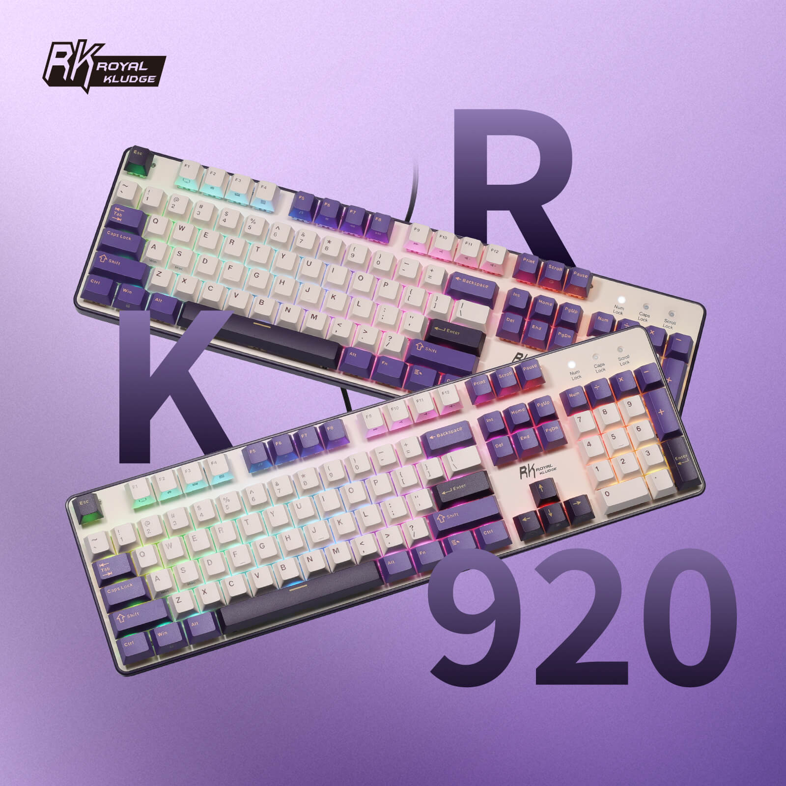 Mechanical keyboard with RGB lighting on a purple background, featuring the brand 'Ryze'.