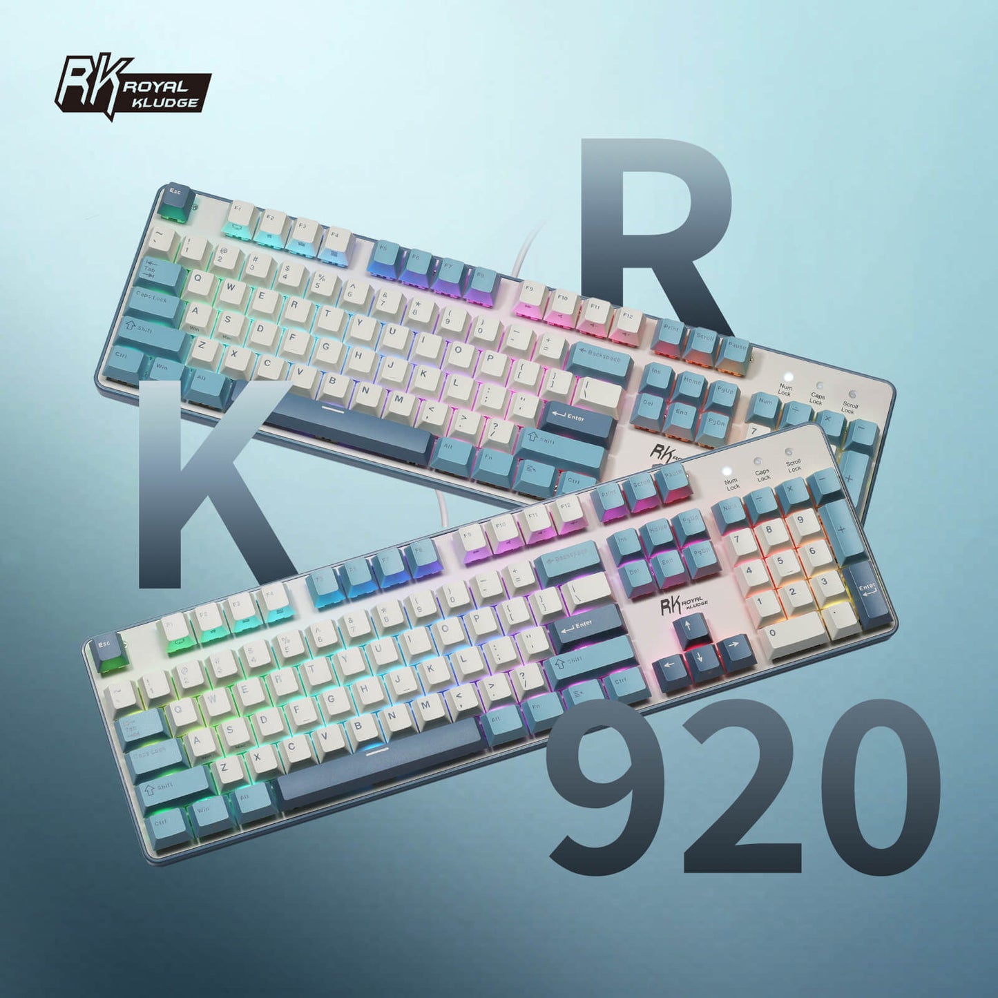 Two keyboards with colorful keycaps on a gradient blue background, featuring the 'Royal Kludge' brand.