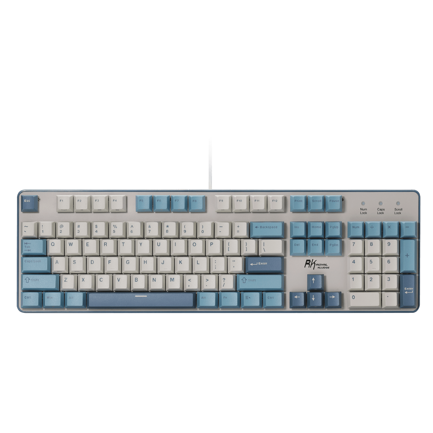 Mechanical keyboard with blue and gray keys on a black background