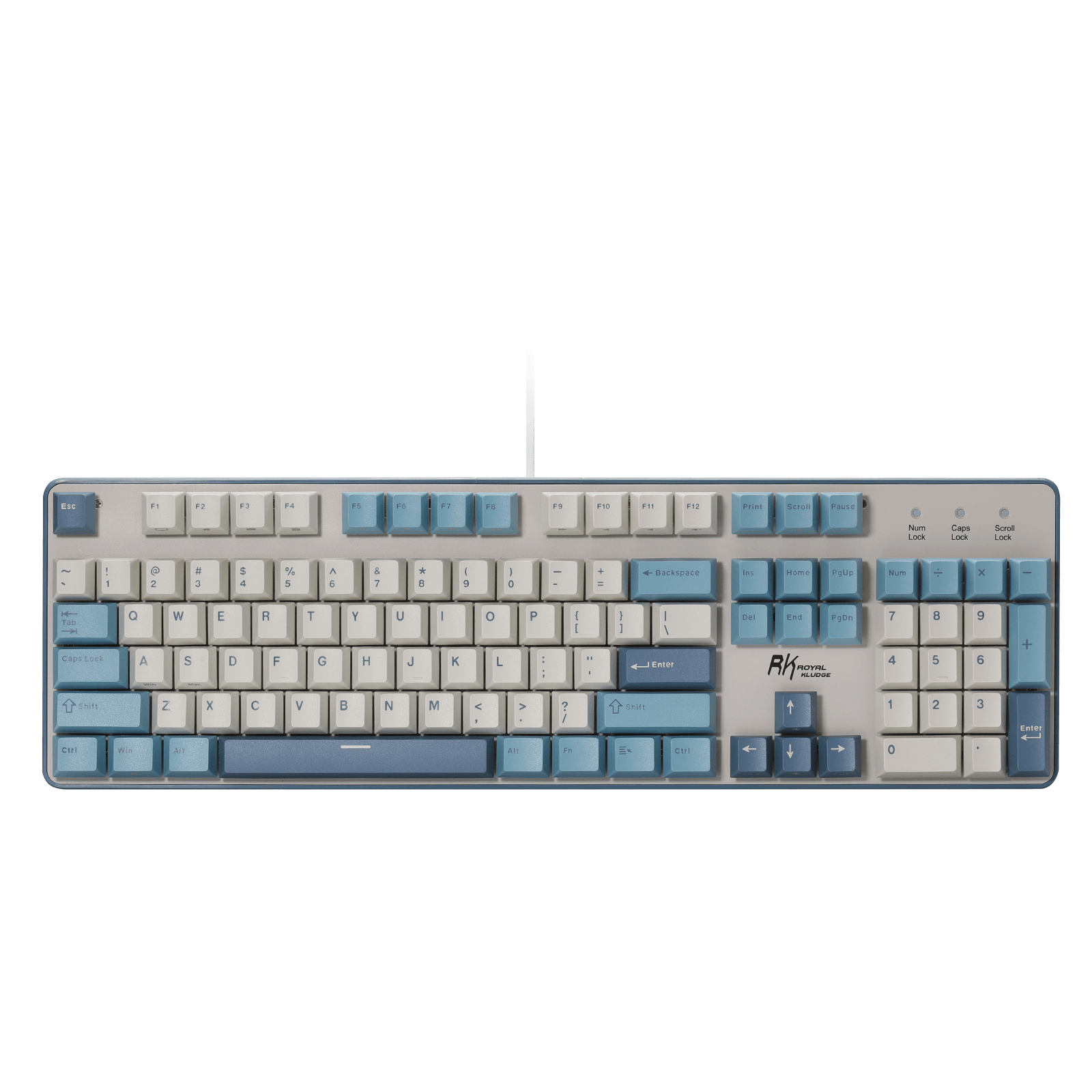 Mechanical keyboard with blue and gray keys on a black background