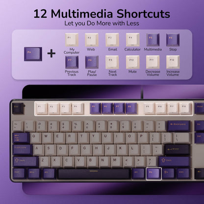 Keyboard with multimedia shortcut keys on a purple background