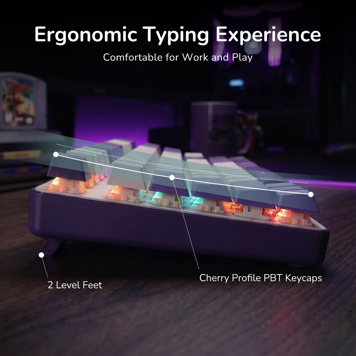 Ergonomic keyboard with highlighted features on a blurred background