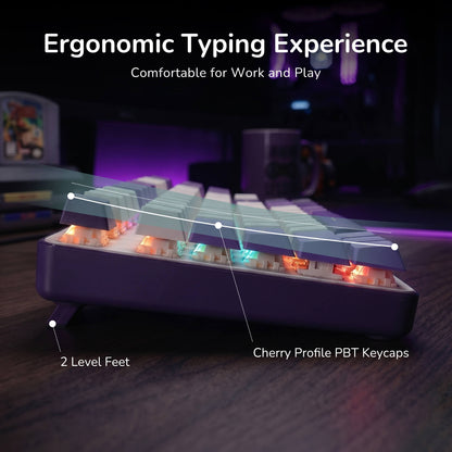 Ergonomic keyboard with highlighted features on a blurred background