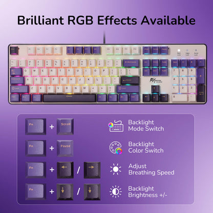Mechanical keyboard with RGB lighting effects on a purple background