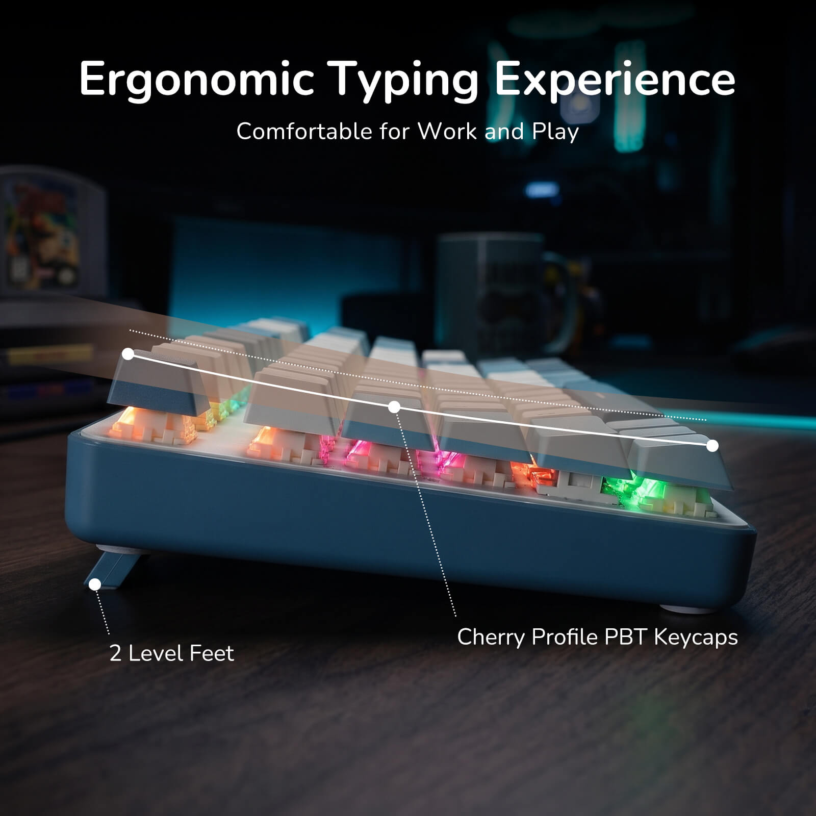 Ergonomic keyboard with highlighted features on a desk