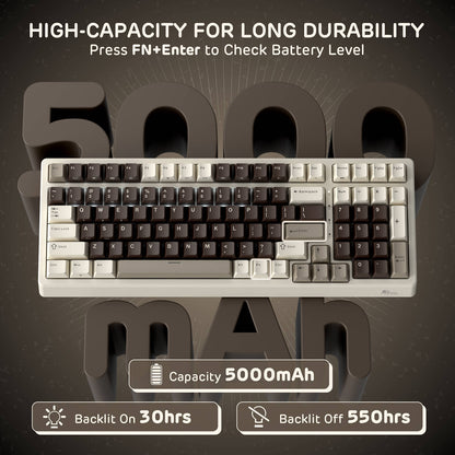 RK F99 96% Mechanical keyboard with 5000mAh battery capacity display on a dark background