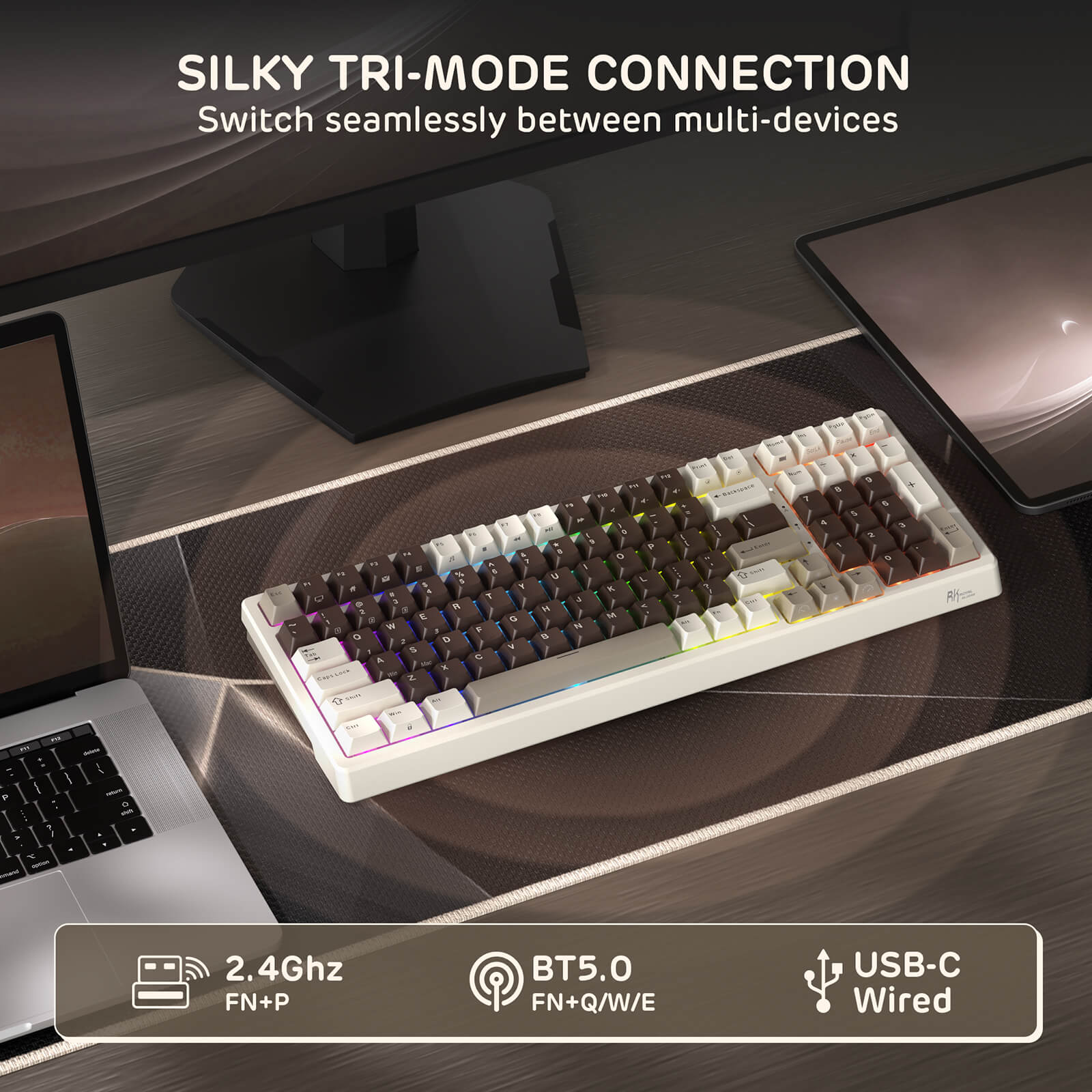 RK Royal Kludge F99 Mechanical keyboard on a desk with devices and text about tri-mode connection.