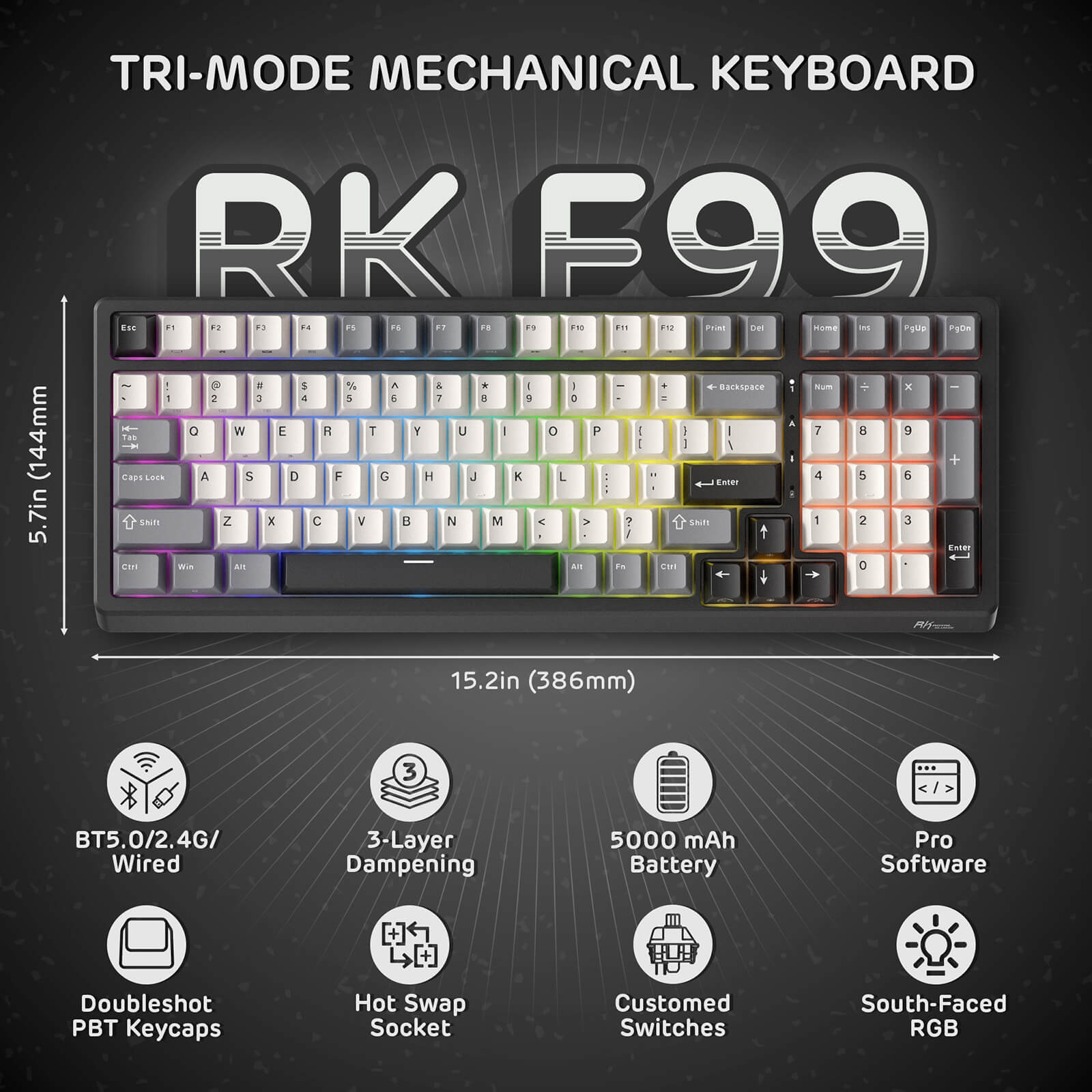 RK ROYAL KLUDGE F99 Wireless Mechanical Keyboard with Number Pad, Tri-Mode Hot Swappable 95%100 Keys Gaming Keyboard BT/2.4G/USB-C, Pro Software, 5000mAh Battery, Customed Switches
