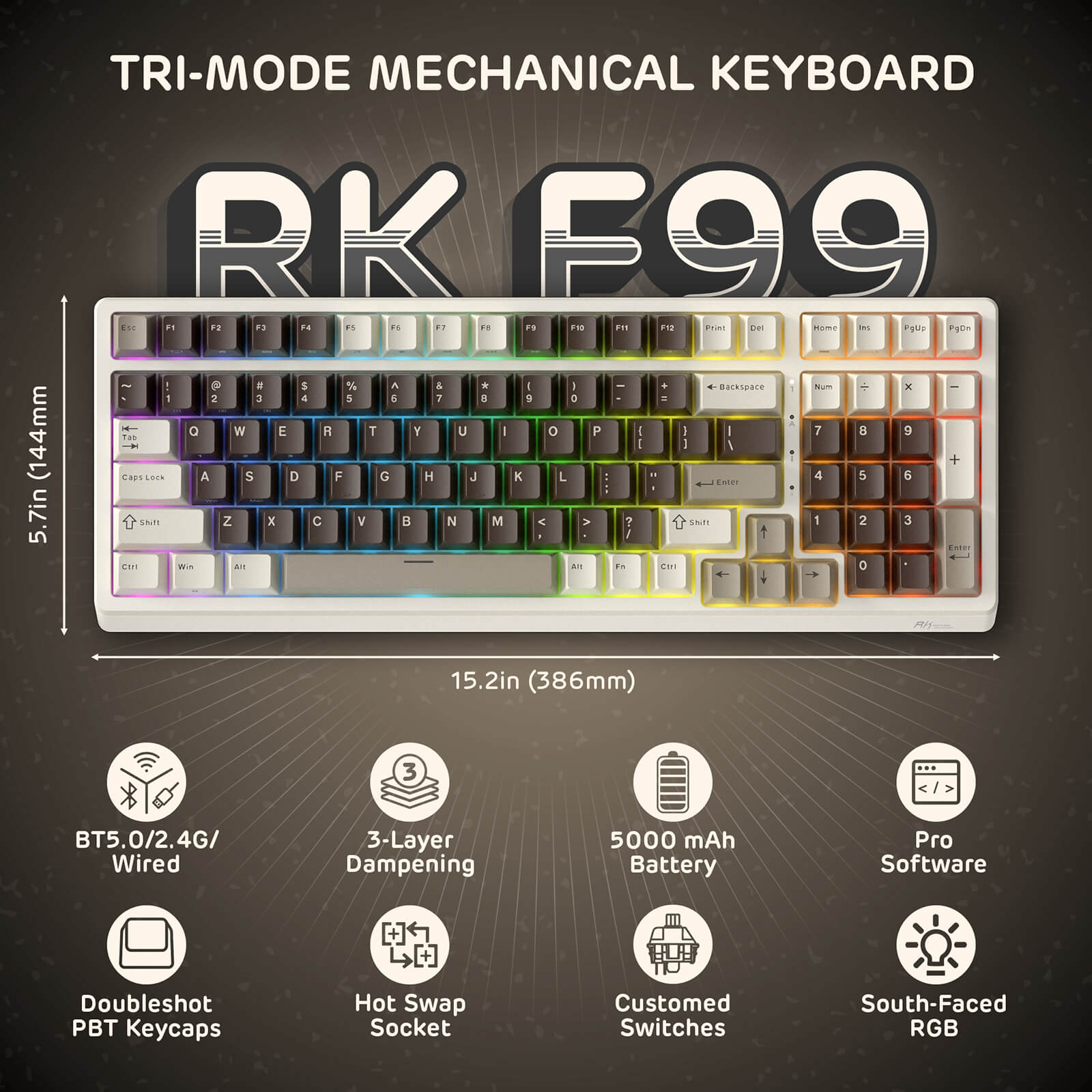 RK ROYAL KLUDGE F99 Wireless Mechanical Keyboard with Number Pad, Tri-Mode Hot Swappable 95%100 Keys Gaming Keyboard BT/2.4G/USB-C, Pro Software, 5000mAh Battery, Customed Switches