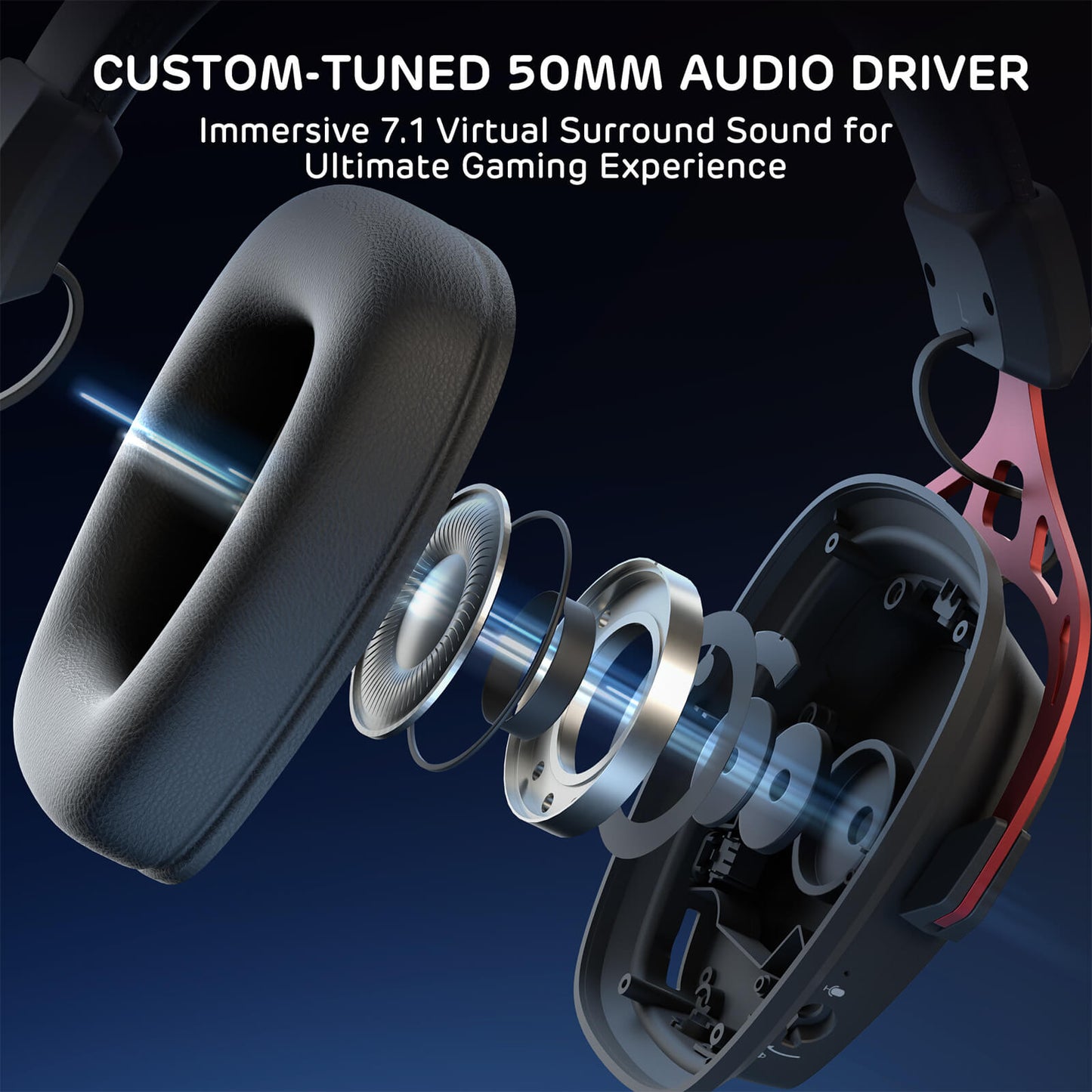 Close-up of an audio driver with text about immersive 7.1 virtual surround sound for gaming experience.