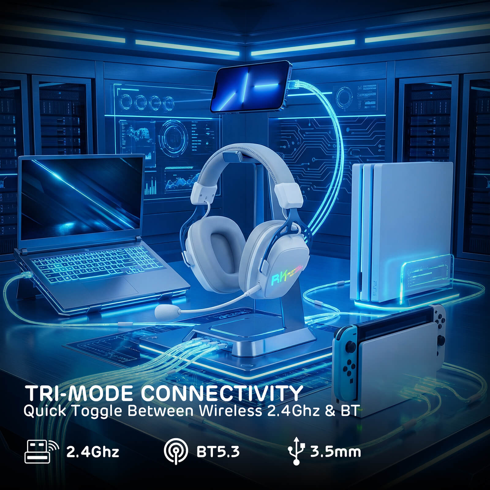 RK ROYAL KLUDGE HG103 Tri-Mode Wireless Headset - Fast 2.4Ghz, Stable BT5.3, and Universal 3.5mm Wired Compatibility.